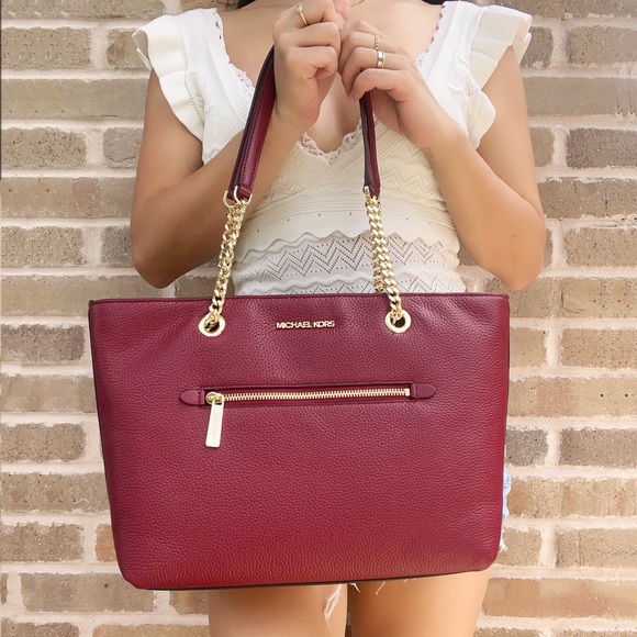 Michael Kors Jet Set Medium Front Pocket Chain Top Zip Tote Mulberry Leather - Picture 3 of 6